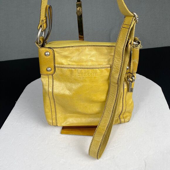 Fossil Handbags - Fossil Yellow Leather Purse Shoulder Crossbody Bag Magnetic Closure Key Tag